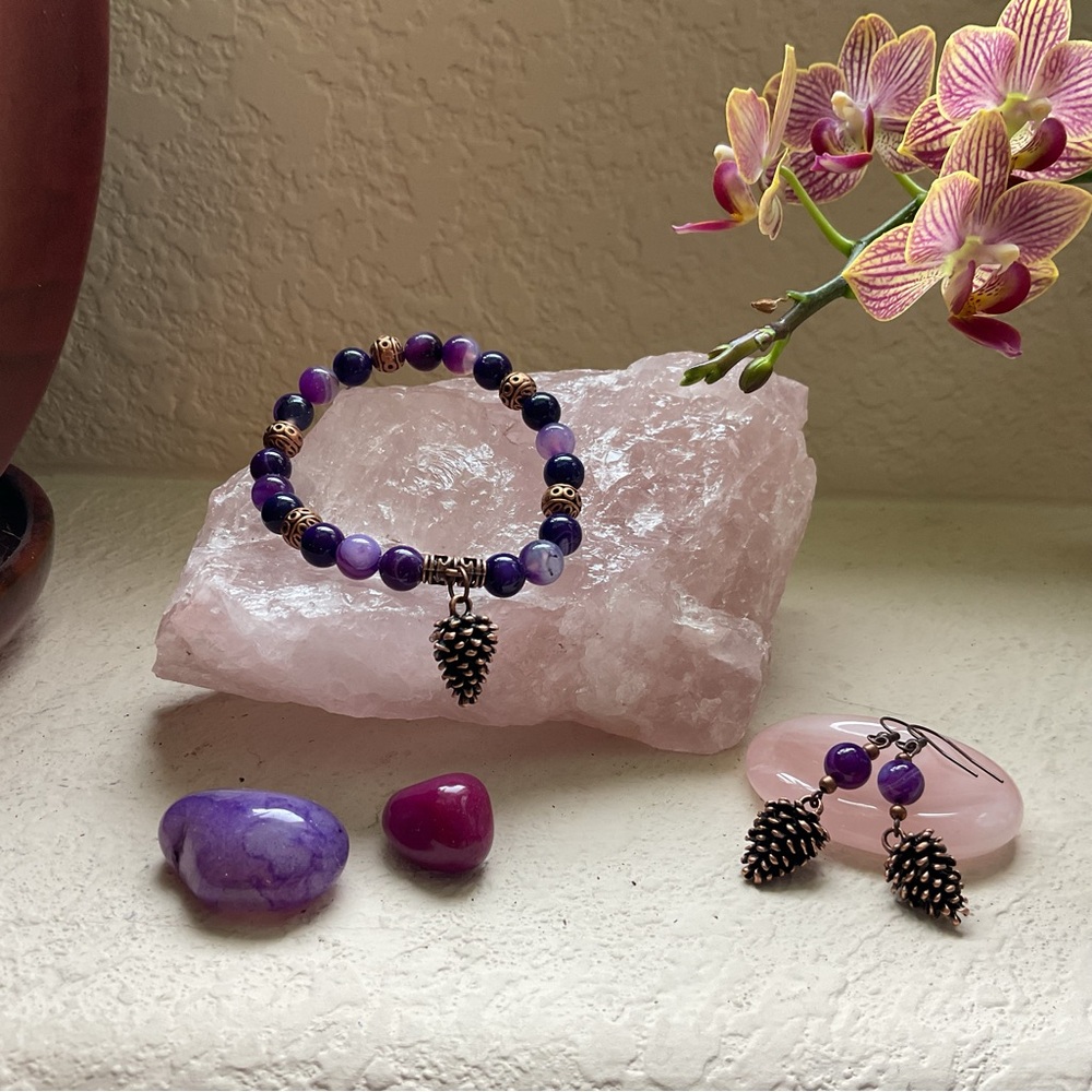 Amethyst and Copper Pine Cone Bracelet and Earring Set